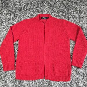 Vintage LeRoy Knitwear Sweater Womens Large Red Open Front Cardigan Pockets 80s